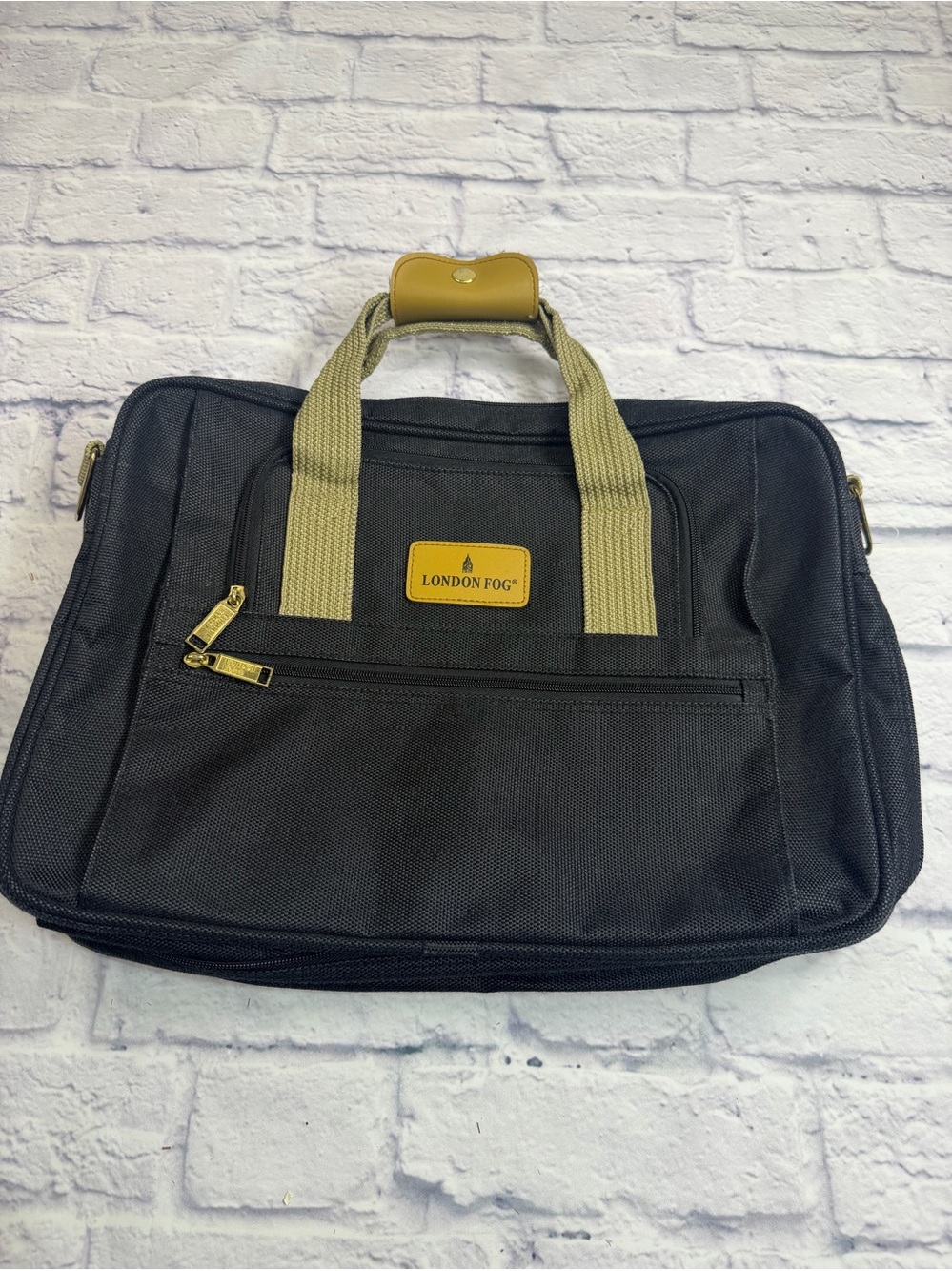 NWOT London Fog Black Laptop Briefcase with Tan Accents & Shoulder Strap.